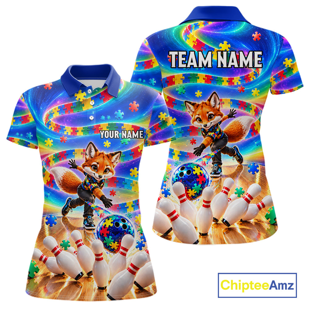 Custom Puzzle Autism Awareness Bowling Polo 1/4-Zip For Women Funny Fox Rainbow Bowling Team Jerseys NYN4945