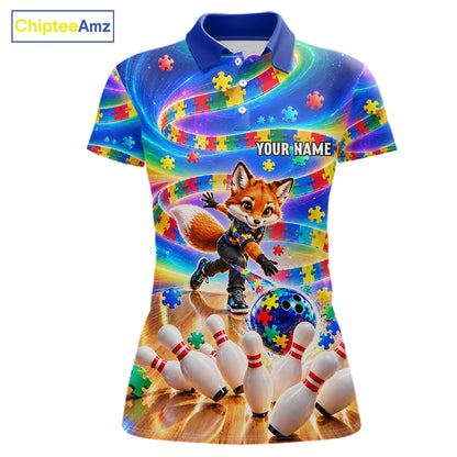 Custom Puzzle Autism Awareness Bowling Polo 1/4-Zip For Women Funny Fox Rainbow Bowling Team Jerseys NYN4945