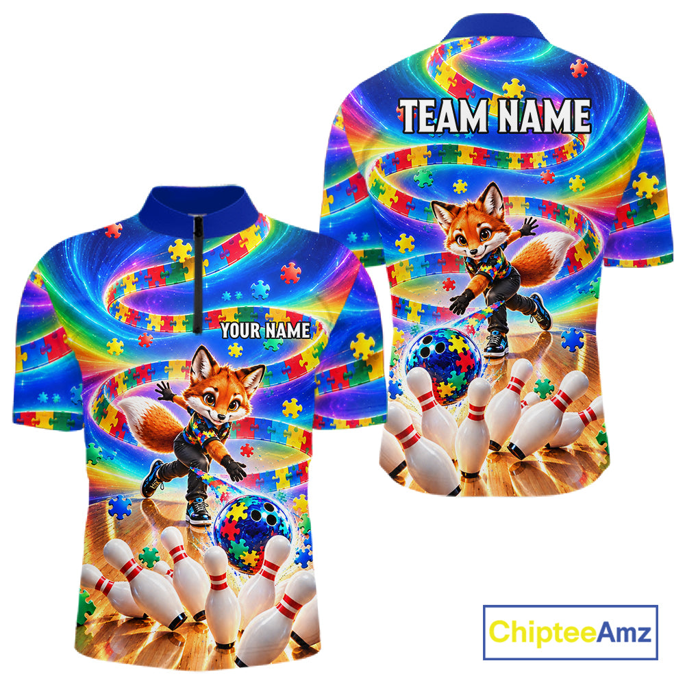 Custom Puzzle Autism Awareness Bowling Polo 1/4-Zip For Men Funny Fox Rainbow Bowling Team Jerseys NYN4945