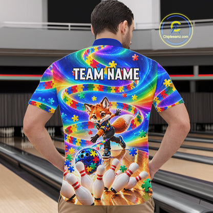 Custom Puzzle Autism Awareness Bowling Polo 1/4-Zip For Men Funny Fox Rainbow Bowling Team Jerseys NYN4945