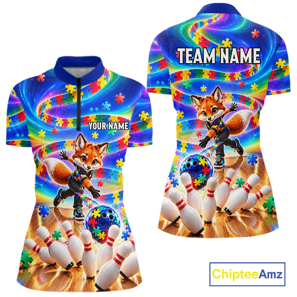 Custom Puzzle Autism Awareness Bowling Polo 1/4-Zip For Women Funny Fox Rainbow Bowling Team Jerseys NYN4945