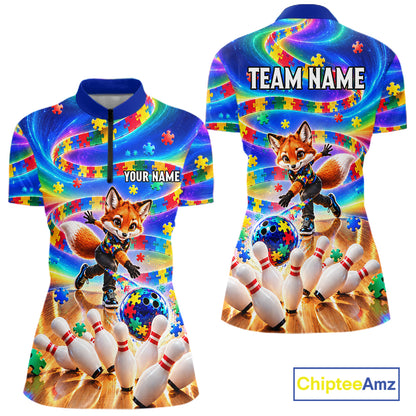 Custom Puzzle Autism Awareness Bowling Polo 1/4-Zip For Women Funny Fox Rainbow Bowling Team Jerseys NYN4945