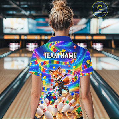 Custom Puzzle Autism Awareness Bowling Polo 1/4-Zip For Women Funny Fox Rainbow Bowling Team Jerseys NYN4945