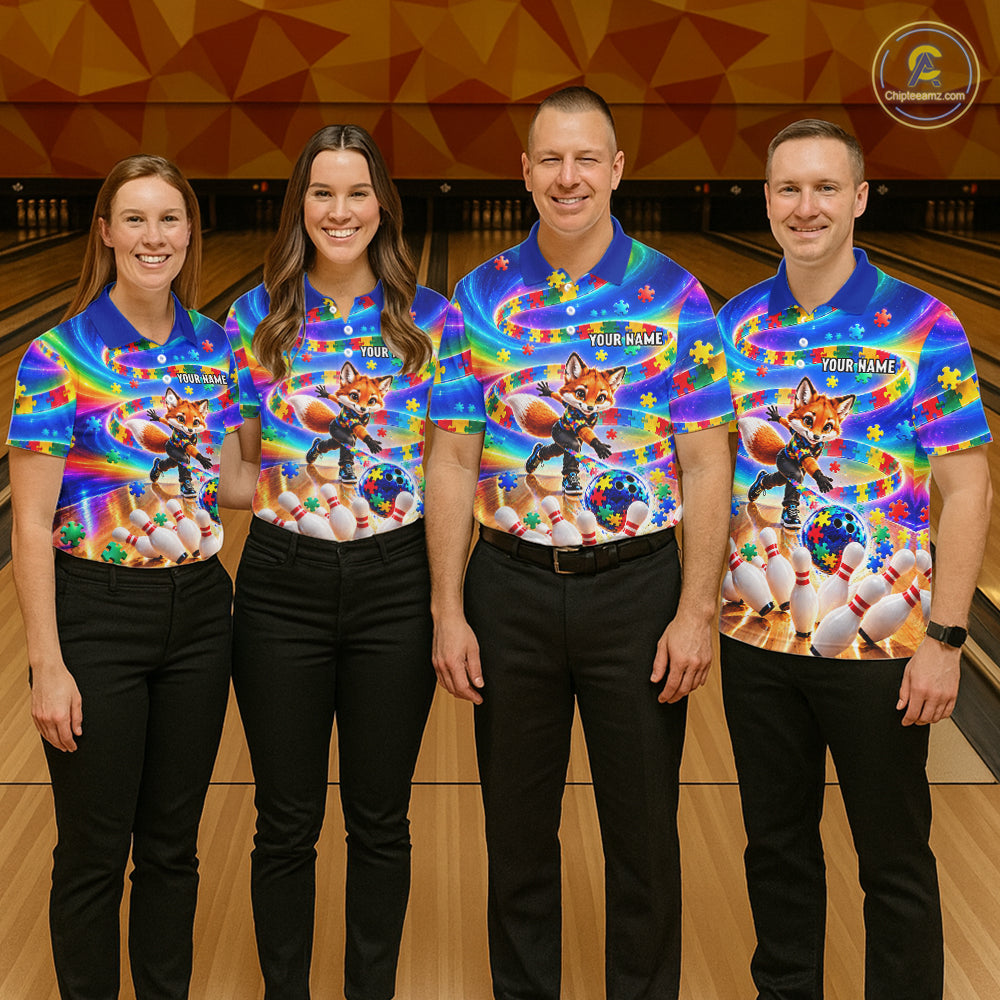 Custom Puzzle Autism Awareness Bowling Polo 1/4-Zip For Women Funny Fox Rainbow Bowling Team Jerseys NYN4945