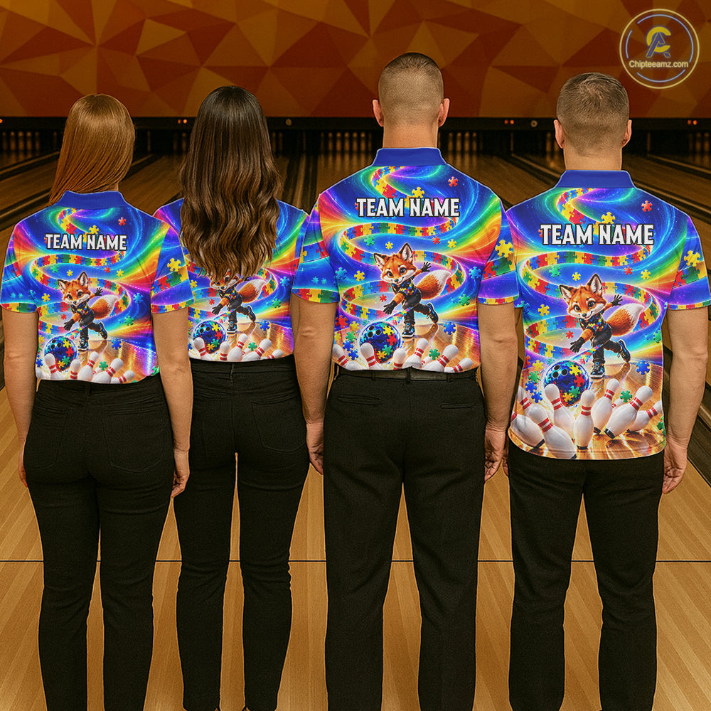 Custom Puzzle Autism Awareness Bowling Polo 1/4-Zip For Women Funny Fox Rainbow Bowling Team Jerseys NYN4945