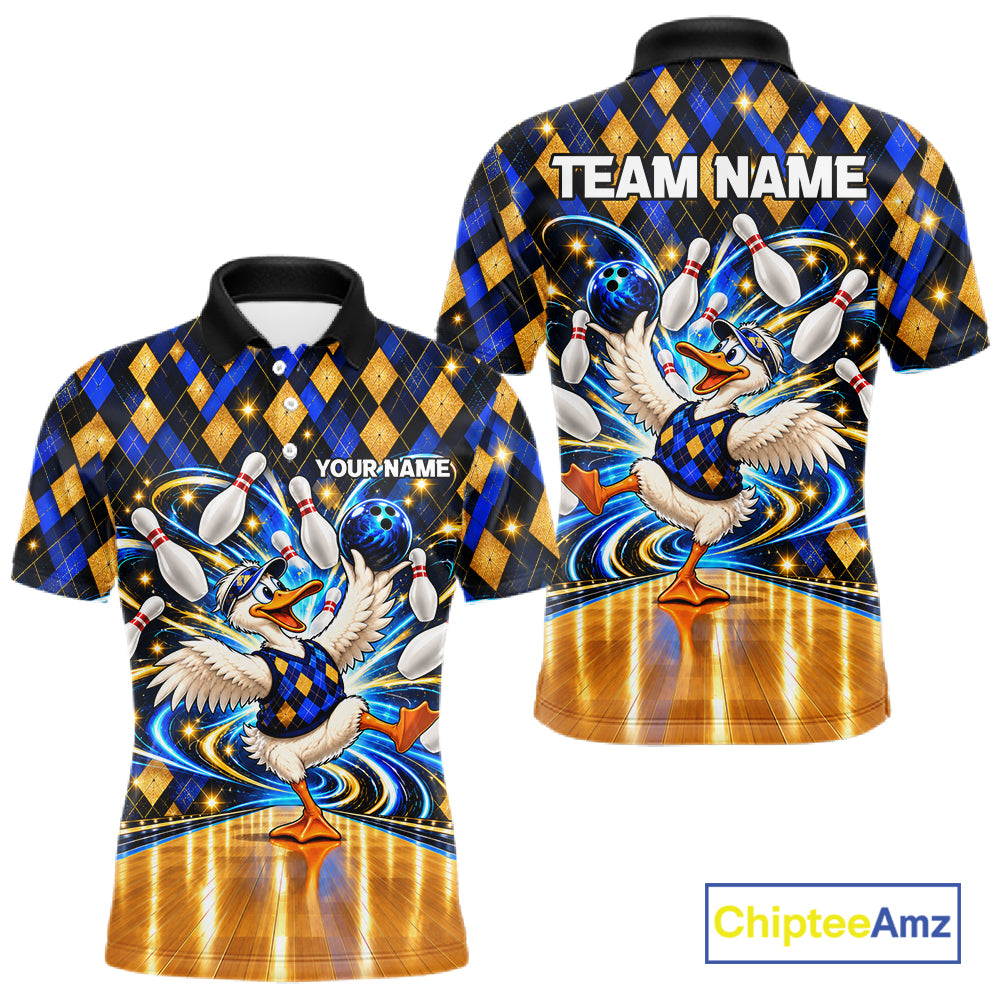 Custom Funny Duck Bowling Polo 1/4-Zip Shirt For Men Blue Gold Argyle Youth Bowling Team Jerseys NYN4947
