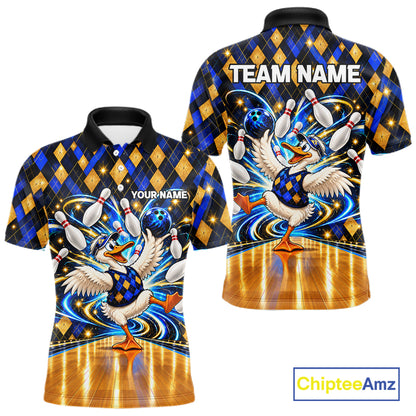 Custom Funny Duck Bowling Polo 1/4-Zip Shirt For Men Blue Gold Argyle Youth Bowling Team Jerseys NYN4947