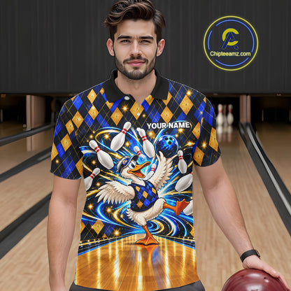 Custom Funny Duck Bowling Polo 1/4-Zip Shirt For Men Blue Gold Argyle Youth Bowling Team Jerseys NYN4947