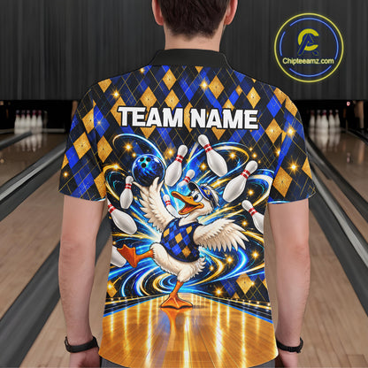 Custom Funny Duck Bowling Polo 1/4-Zip Shirt For Men Blue Gold Argyle Youth Bowling Team Jerseys NYN4947