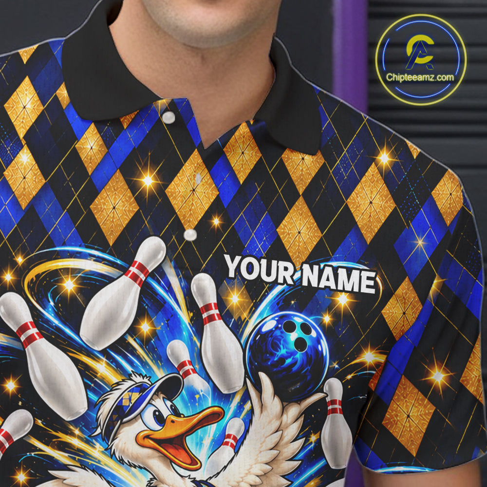Custom Funny Duck Bowling Polo 1/4-Zip Shirt For Men Blue Gold Argyle Youth Bowling Team Jerseys NYN4947