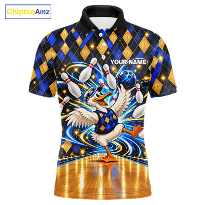 Custom Funny Duck Bowling Polo 1/4-Zip Shirt For Men Blue Gold Argyle Youth Bowling Team Jerseys NYN4947