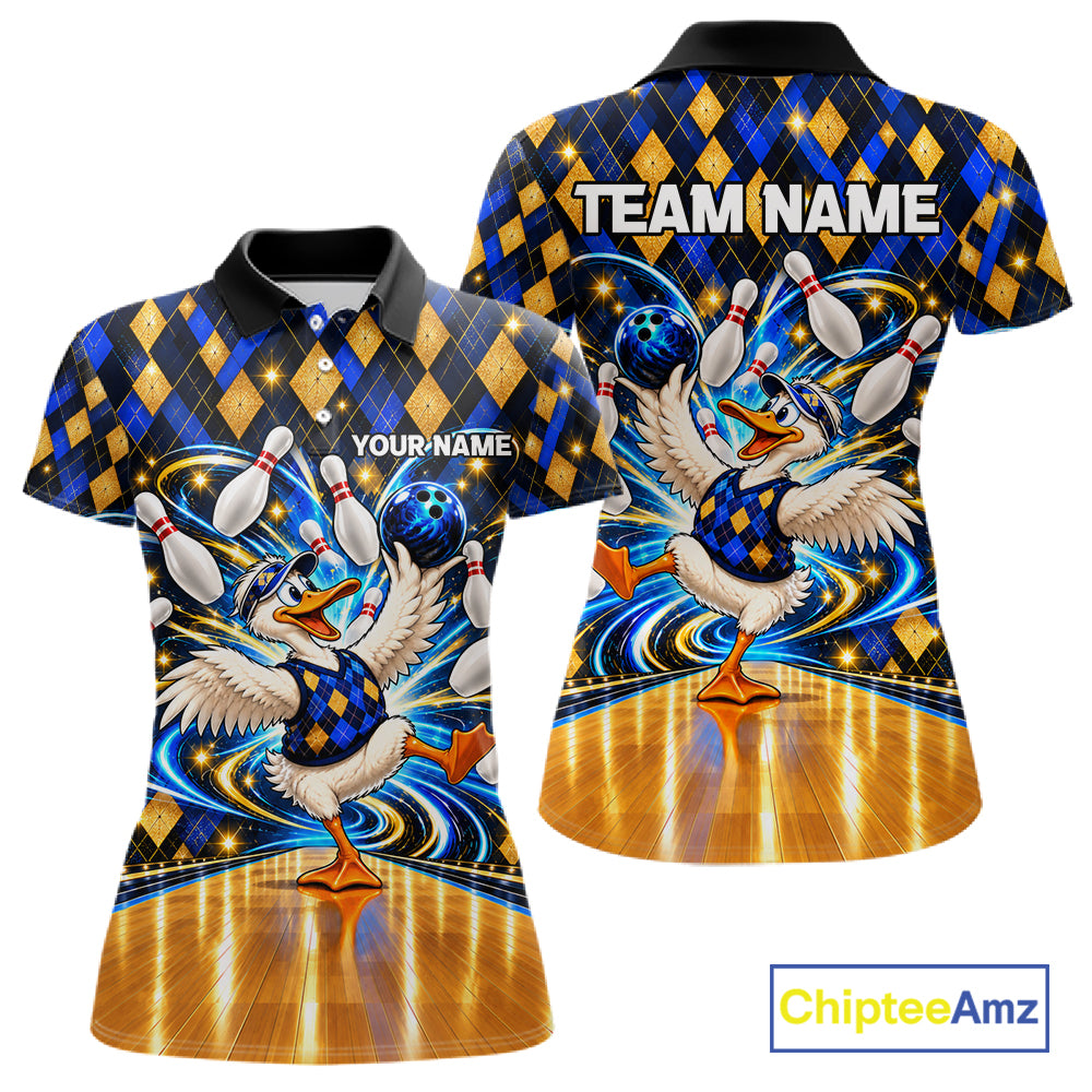 Custom Funny Duck Bowling Polo 1/4-Zip Shirt For Women Blue Gold Argyle Youth Bowling Team Jerseys NYN4947