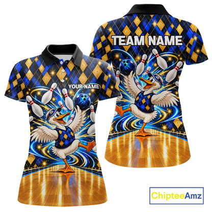 Custom Funny Duck Bowling Polo 1/4-Zip Shirt For Women Blue Gold Argyle Youth Bowling Team Jerseys NYN4947