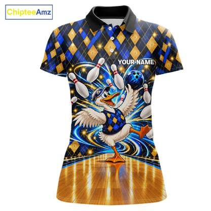 Custom Funny Duck Bowling Polo 1/4-Zip Shirt For Women Blue Gold Argyle Youth Bowling Team Jerseys NYN4947