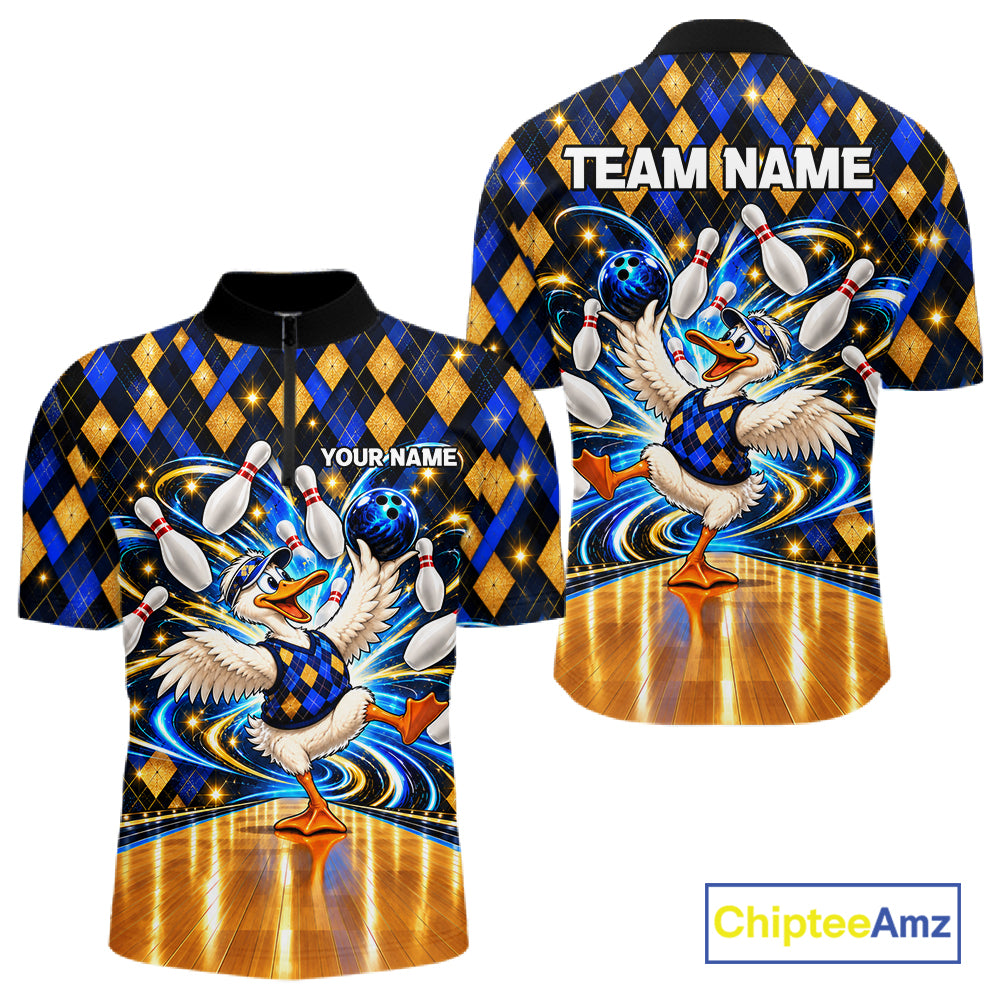 Custom Funny Duck Bowling Polo 1/4-Zip Shirt For Men Blue Gold Argyle Youth Bowling Team Jerseys NYN4947