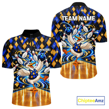 Custom Funny Duck Bowling Polo 1/4-Zip Shirt For Men Blue Gold Argyle Youth Bowling Team Jerseys NYN4947
