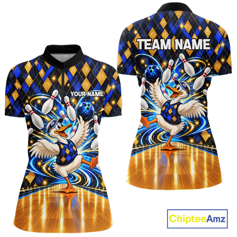 Custom Funny Duck Bowling Polo 1/4-Zip Shirt For Women Blue Gold Argyle Youth Bowling Team Jerseys NYN4947