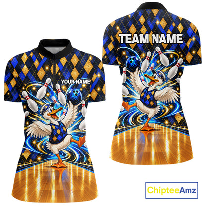 Custom Funny Duck Bowling Polo 1/4-Zip Shirt For Women Blue Gold Argyle Youth Bowling Team Jerseys NYN4947