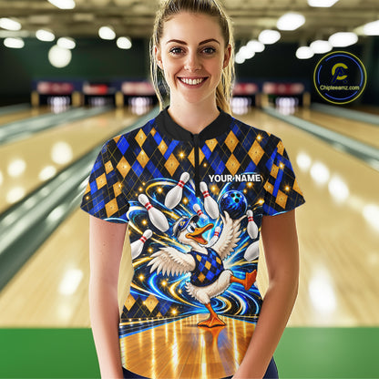 Custom Funny Duck Bowling Polo 1/4-Zip Shirt For Women Blue Gold Argyle Youth Bowling Team Jerseys NYN4947