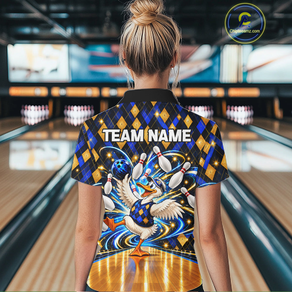 Custom Funny Duck Bowling Polo 1/4-Zip Shirt For Women Blue Gold Argyle Youth Bowling Team Jerseys NYN4947
