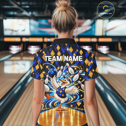 Custom Funny Duck Bowling Polo 1/4-Zip Shirt For Women Blue Gold Argyle Youth Bowling Team Jerseys NYN4947