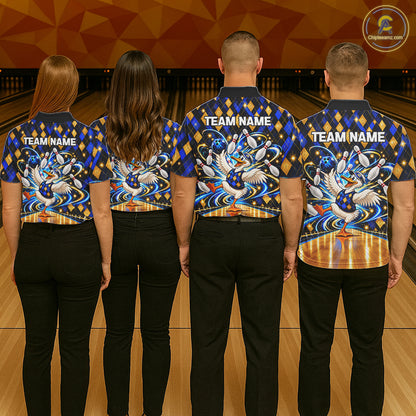 Custom Funny Duck Bowling Polo 1/4-Zip Shirt For Women Blue Gold Argyle Youth Bowling Team Jerseys NYN4947