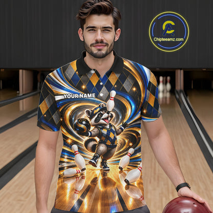 Custom Swirl Argyle Duck Bowling Polo 1/4-Zip Shirt For Men Blue Gold Funny Youth Bowling Team Jerseys NYN4948
