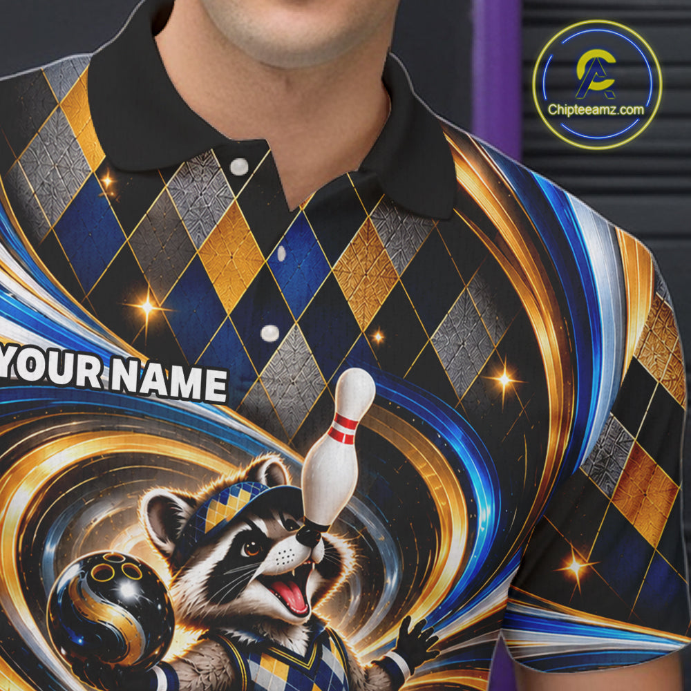 Custom Swirl Argyle Duck Bowling Polo 1/4-Zip Shirt For Men Blue Gold Funny Youth Bowling Team Jerseys NYN4948
