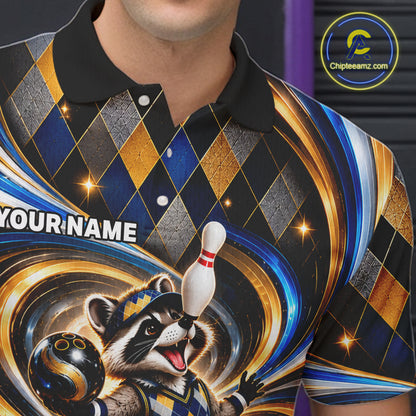 Custom Swirl Argyle Duck Bowling Polo 1/4-Zip Shirt For Men Blue Gold Funny Youth Bowling Team Jerseys NYN4948