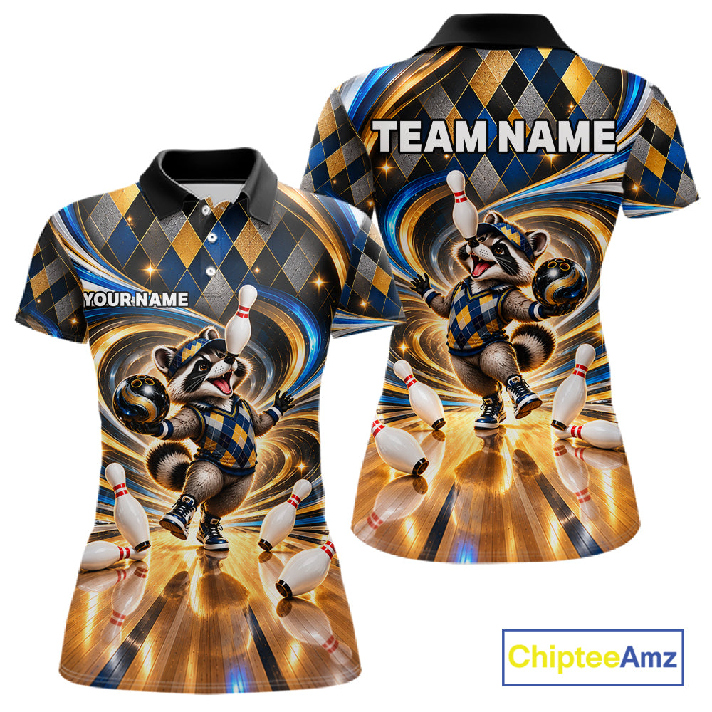Custom Swirl Argyle Duck Bowling Polo 1/4-Zip Shirt For Women Blue Gold Funny Youth Bowling Team Jerseys NYN4948