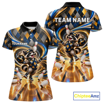 Custom Swirl Argyle Duck Bowling Polo 1/4-Zip Shirt For Women Blue Gold Funny Youth Bowling Team Jerseys NYN4948