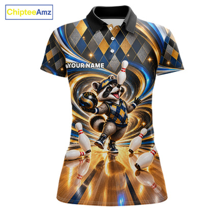 Custom Swirl Argyle Duck Bowling Polo 1/4-Zip Shirt For Women Blue Gold Funny Youth Bowling Team Jerseys NYN4948