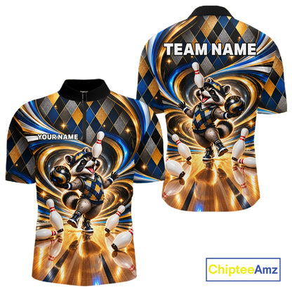 Custom Swirl Argyle Duck Bowling Polo 1/4-Zip Shirt For Men Blue Gold Funny Youth Bowling Team Jerseys NYN4948