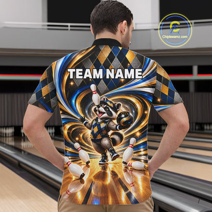 Custom Swirl Argyle Duck Bowling Polo 1/4-Zip Shirt For Men Blue Gold Funny Youth Bowling Team Jerseys NYN4948