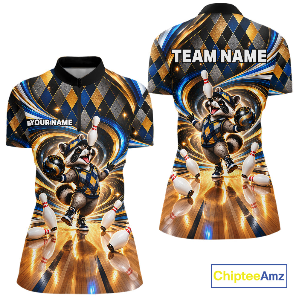 Custom Swirl Argyle Duck Bowling Polo 1/4-Zip Shirt For Women Blue Gold Funny Youth Bowling Team Jerseys NYN4948