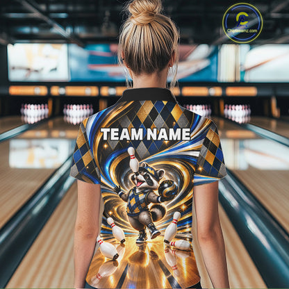 Custom Swirl Argyle Duck Bowling Polo 1/4-Zip Shirt For Women Blue Gold Funny Youth Bowling Team Jerseys NYN4948