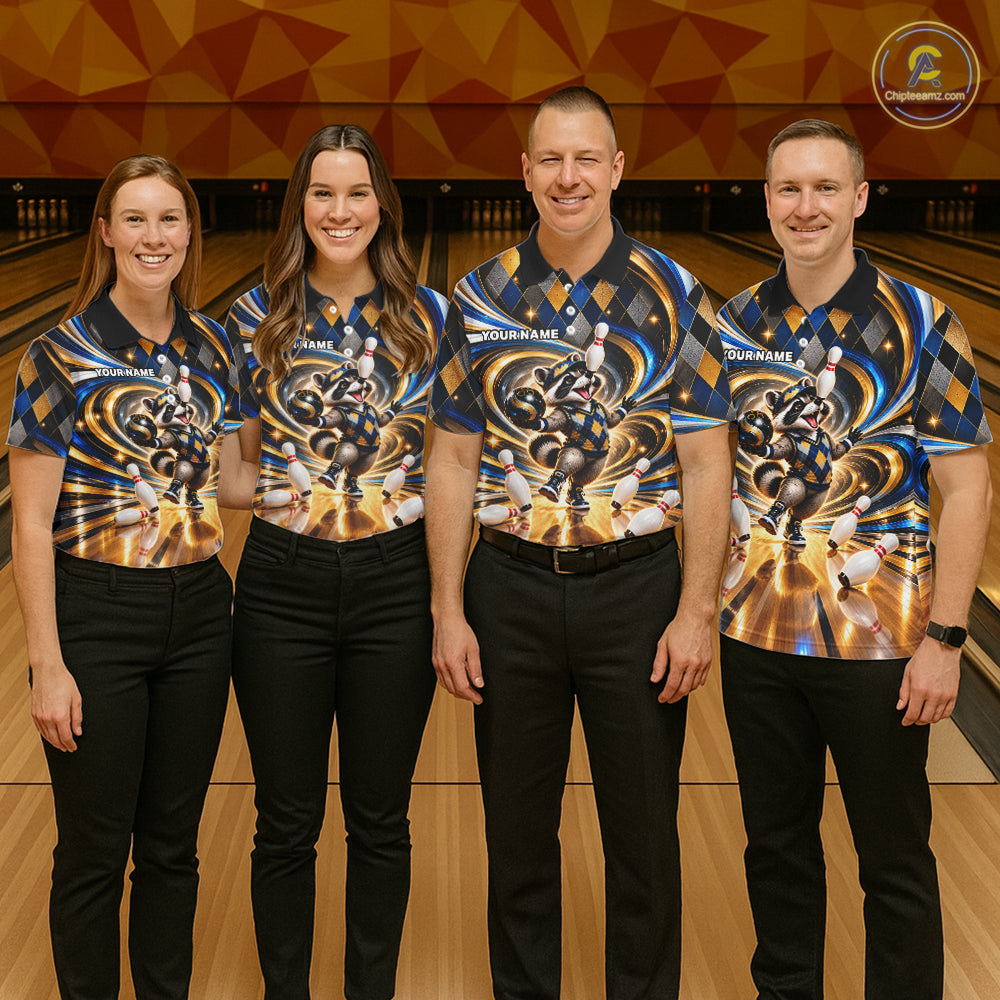 Custom Swirl Argyle Duck Bowling Polo 1/4-Zip Shirt For Men Blue Gold Funny Youth Bowling Team Jerseys NYN4948