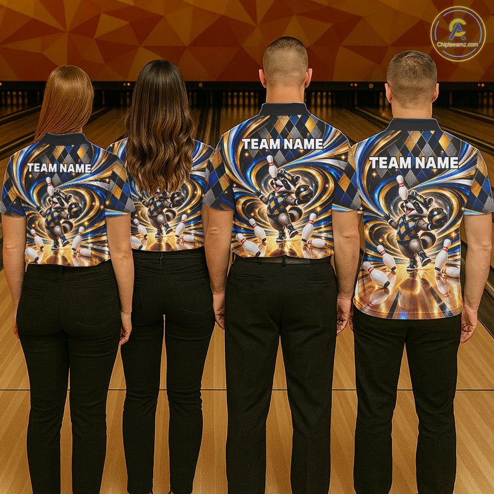 Custom Swirl Argyle Duck Bowling Polo 1/4-Zip Shirt For Men Blue Gold Funny Youth Bowling Team Jerseys NYN4948