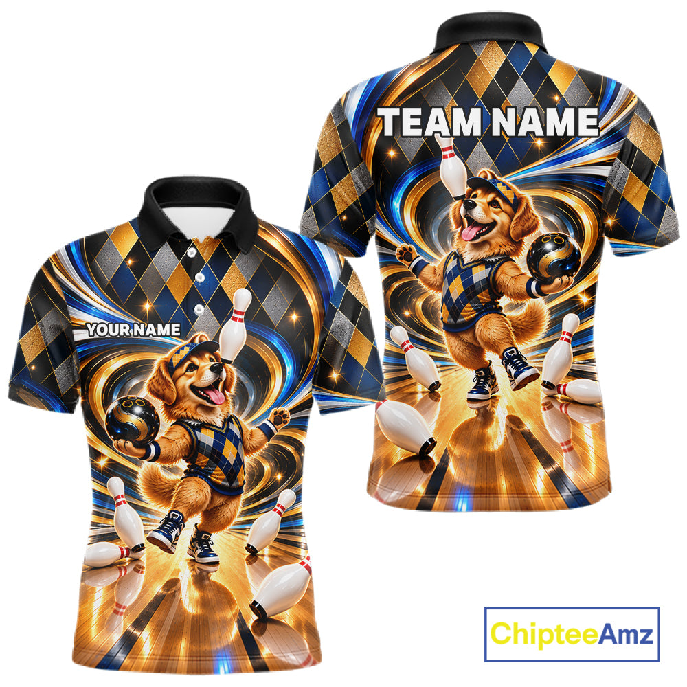 Custom Swirl Argyle Golden Retriever Bowling Polo 1/4-Zip Shirt For Men Funny Youth Bowling Team Jerseys NYN4949