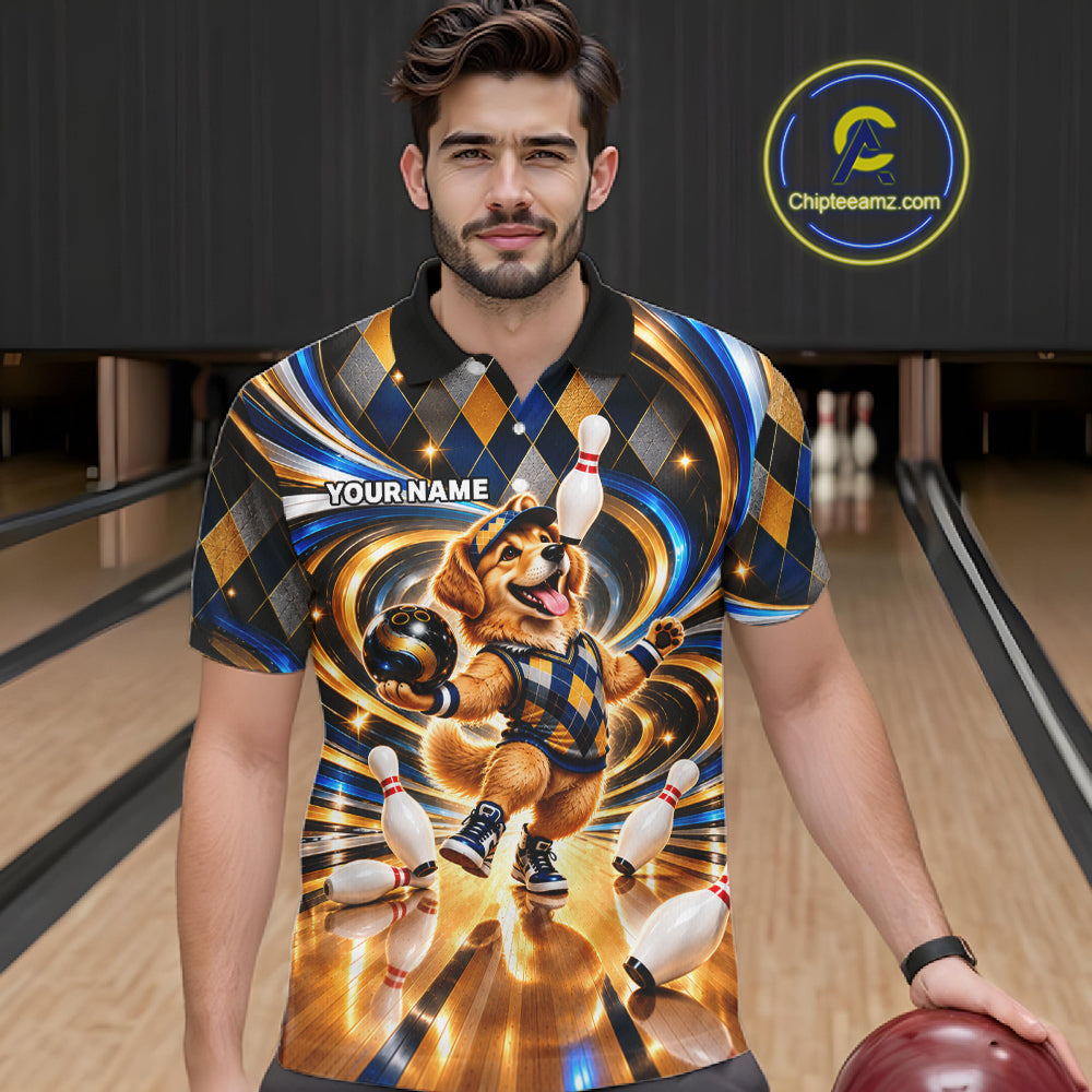 Custom Swirl Argyle Golden Retriever Bowling Polo 1/4-Zip Shirt For Men Funny Youth Bowling Team Jerseys NYN4949