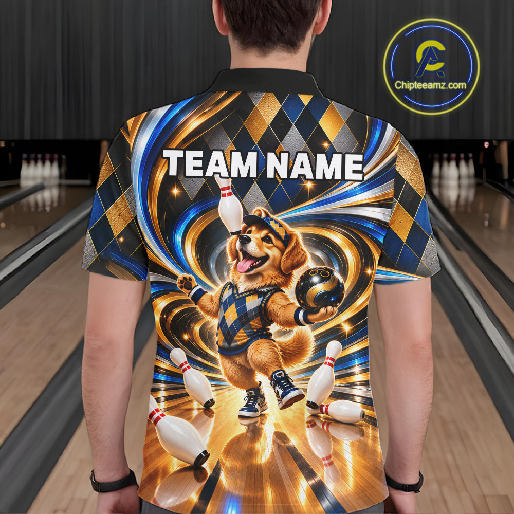 Custom Swirl Argyle Golden Retriever Bowling Polo 1/4-Zip Shirt For Men Funny Youth Bowling Team Jerseys NYN4949