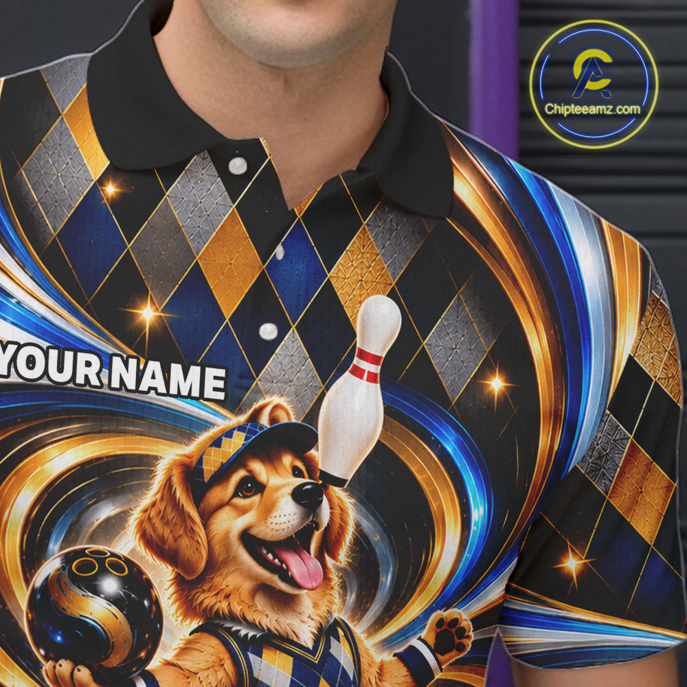 Custom Swirl Argyle Golden Retriever Bowling Polo 1/4-Zip Shirt For Men Funny Youth Bowling Team Jerseys NYN4949