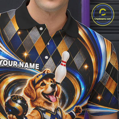 Custom Swirl Argyle Golden Retriever Bowling Polo 1/4-Zip Shirt For Men Funny Youth Bowling Team Jerseys NYN4949