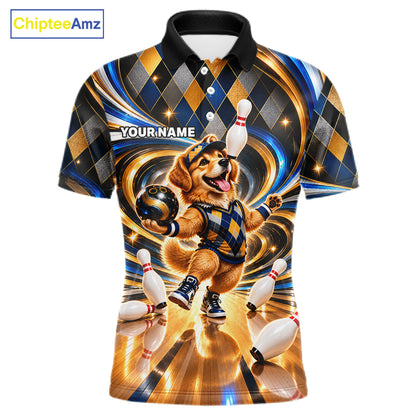 Custom Swirl Argyle Golden Retriever Bowling Polo 1/4-Zip Shirt For Men Funny Youth Bowling Team Jerseys NYN4949