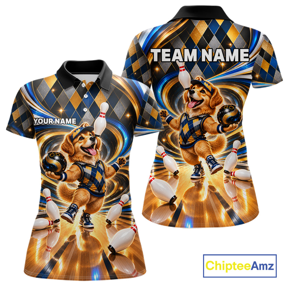Custom Swirl Argyle Golden Retriever Bowling Polo 1/4-Zip Shirt For Women Funny Youth Bowling Team Jerseys NYN4949