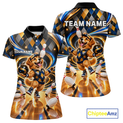 Custom Swirl Argyle Golden Retriever Bowling Polo 1/4-Zip Shirt For Women Funny Youth Bowling Team Jerseys NYN4949