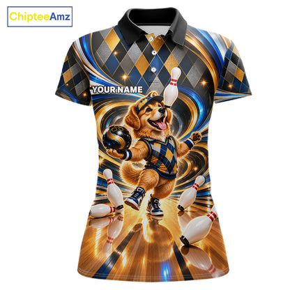 Custom Swirl Argyle Golden Retriever Bowling Polo 1/4-Zip Shirt For Women Funny Youth Bowling Team Jerseys NYN4949