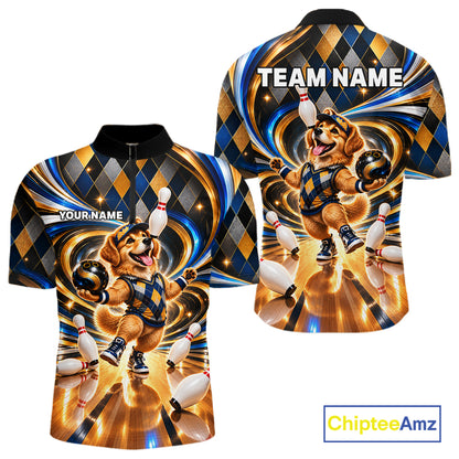 Custom Swirl Argyle Golden Retriever Bowling Polo 1/4-Zip Shirt For Men Funny Youth Bowling Team Jerseys NYN4949