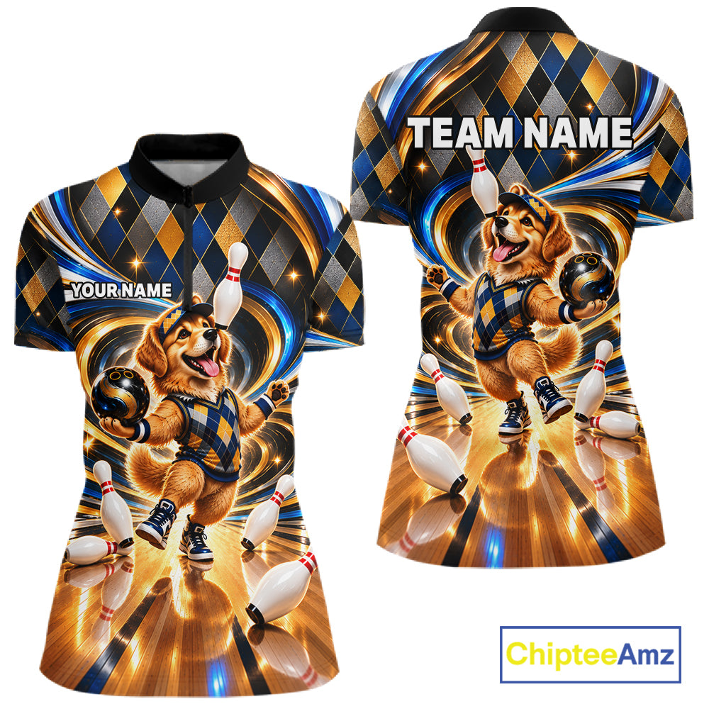 Custom Swirl Argyle Golden Retriever Bowling Polo 1/4-Zip Shirt For Women Funny Youth Bowling Team Jerseys NYN4949