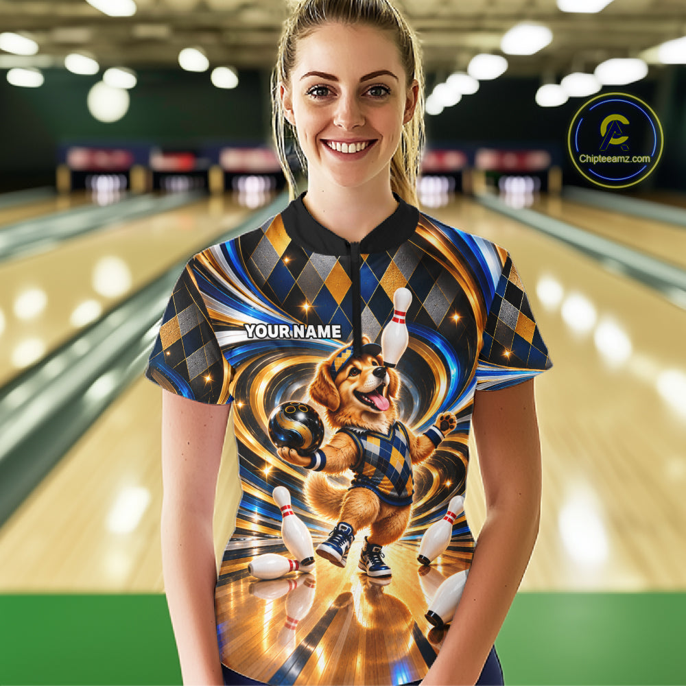 Custom Swirl Argyle Golden Retriever Bowling Polo 1/4-Zip Shirt For Women Funny Youth Bowling Team Jerseys NYN4949